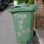 Titch is a Bitch, sprayed on the side of a wheelie bin.