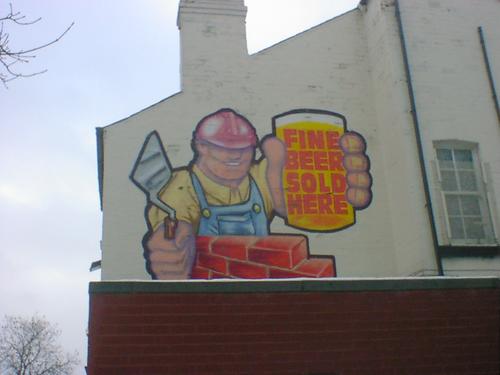 A cheerful cartoon-style bricklayer, holding a pint. Fine beer sold here.