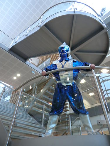 Andrew in a blue and silver spacesuit