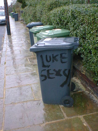 graffiti on a wheelie bin reads: luke - sexy