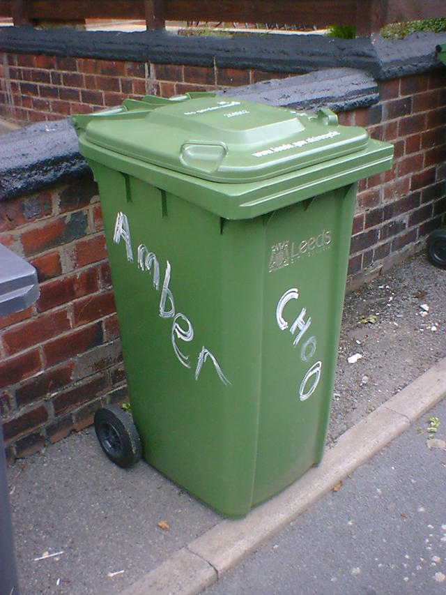 Green wheelie bin with Amber and Choo daubed on two sides with white paint. 