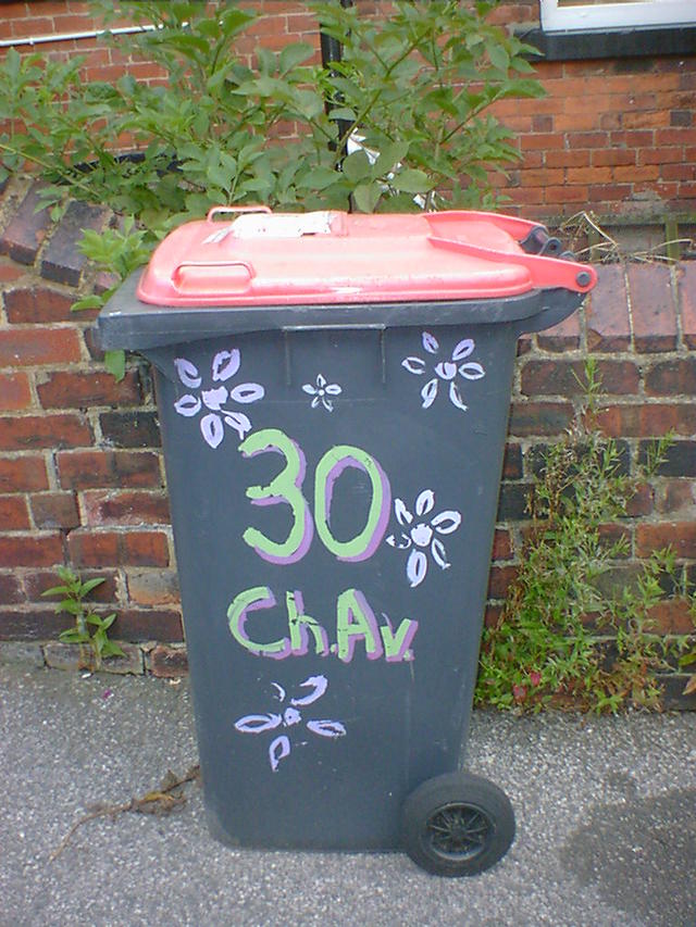A wheelie bin with painted flowers and the word Chav, for Chestnut Avenue