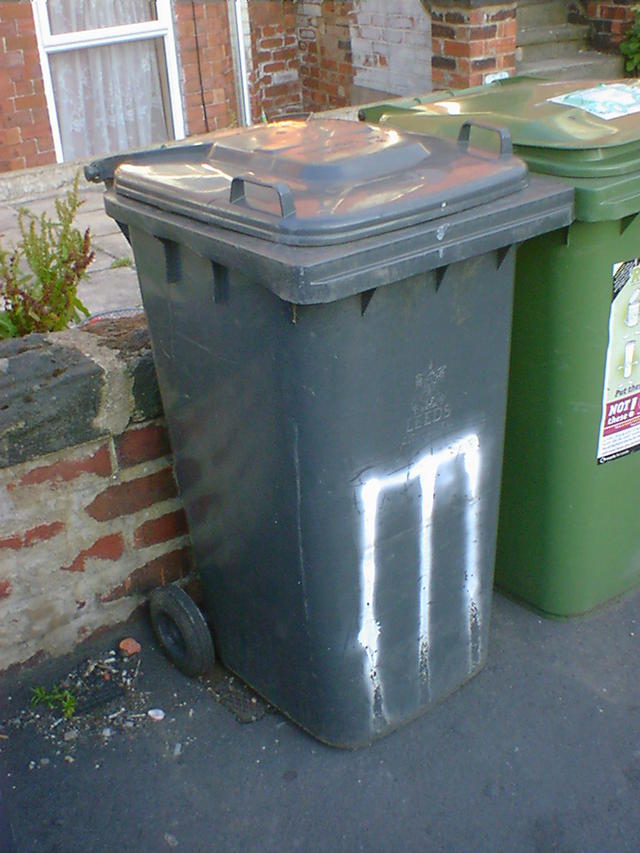 Anyone for Cricket? Cricket stumps spray-painted on a wheelie bin.
