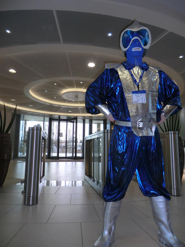 Andrew in a blue and silver spacesuit