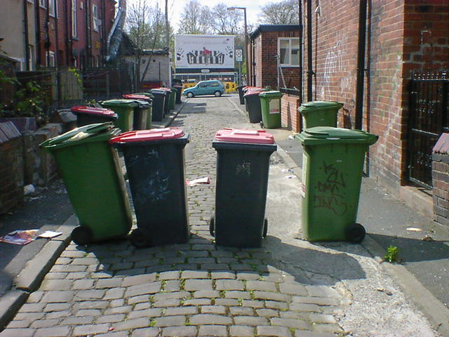 Once Upon a Time in the West Riding Four wheelie bins standing spread across a back alley, casting long shadows.