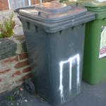 Cricket stumps spray-painted on a wheelie bin.